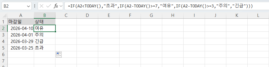 엑셀에 날짜 계산 함수를 적용한 결과